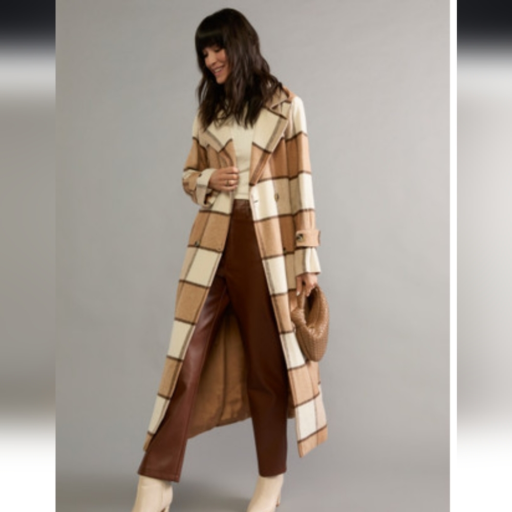Plaid Long Coat Tan, Cream